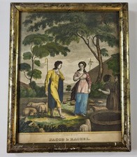 Antique Hand Colored Print Jacob & Rachel by Throop in Original Gilt Frame picture