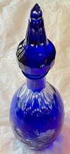 Bohemian MCM Cobalt Blue Glass Decanter W/Stopper Etched  Handcrafted 15.5”VTG picture