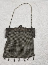Vintage Antique GERMAN SILVER Mesh Evening Bag Ornate Hanging Beads 6 X6 Inches picture