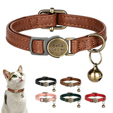 Personalized Cat Collar Puppy Kitten Engraved Name Tag Soft Leather with Bell picture