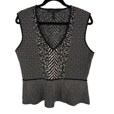 BCBGMAXAZRIA Black Cream Jacquard Knit Peplum V-Neck Sleeveless Top Large picture