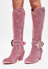 Cowgirl boots US8 women Dolls Kill Bling Sheriff Shine Pink Rhinestone Knee High picture