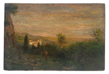 19th Century Woman in a Tuscan Landscape Sunset COROT Style Antique Oil on Panel picture