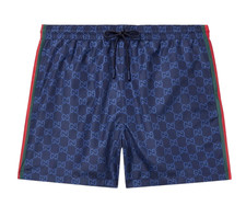 Mens Navy Blue Gucci All Over GG Signature Logo Print Side Stripes Swim Shorts picture