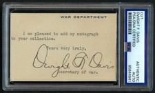 Dwight F. Davis signed auto 2.5x3.5 Cut Sec of War / Founder of Davis Cup PSA picture
