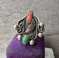 SZ 7 Navajo Diné Sterling Silver Green Turquoise Coral Native Ring Estate 925 picture