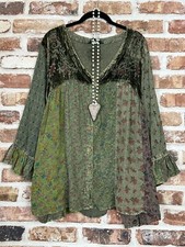 PLUS SZ Velvet Overdyed Patchwork Block Vintage EMBROIDERED Laced BOHO TUNIC TOP picture
