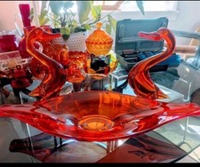 2 Viking Glass Vintage MCM Persimmon Large Amberina UV Reactive Ducks 9.5