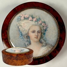 Large Fine Portrait Miniature of Princess Lamballe Tops a Burl Wood Powder Jar picture