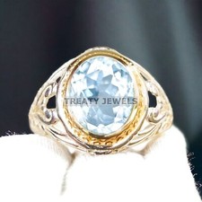 Aquamarine Oval Cut Gemstone With 14K Solid White Gold Ring For Men's #A176 picture