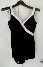 VTG 60'S ROBBY LEN ONE PIECE W/CUPS BLACK RED&WHITE SKIRTED SWIMSUIT*14 M/L EUC picture