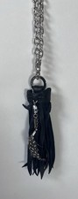 Tarina Tarantino Vintage Black Leather Tassel Necklace Swarovski Crystal Feather picture