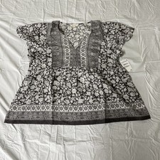 Lucky Brand Mix Print Black Combo V-Neck Ruffled Blouse Top Women's Large L picture