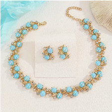 JEWELRY SET-Elegant Blue Flower Gold Tone Necklace Set with Rhinestone Accents picture