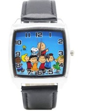 Charlie Brown and Snoopy W/ Cast Blue Backing Leather Band Wrist Watch picture