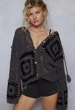 Anthropology POL Clothing Hooded Cardigan Hand Knit Squares Button Closure Large picture