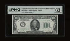 DBR 1934-D $100 FRN Philadelphia Fr. 2156-C PMG 63 Serial C03598794A picture