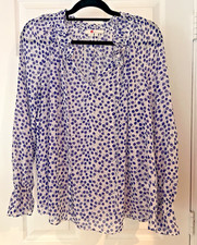Boden Womens Blouse US 6 UK 10 Blue White Floral Sheer Ruffle Tie Neck Top picture