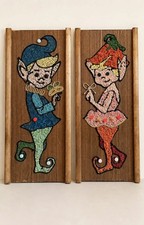 Vintage 1960s Pixie Elf Gravel Art Wall Plaques MCM Pair 17” Retro Kitschy picture