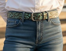 NWT $59 Patricia Nash Tooled Leather Pelosa Belt Turquoise/Brown L picture