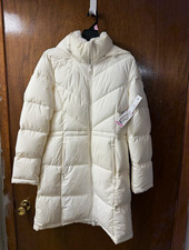 DKNY Chevron Walker Long Hooded Puffer Coat Zip Ivory Women’s Size S picture