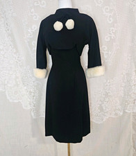 Vintage 1950s Black Wool Wiggle Dress & Mink Fur Pom Pom Capelet Set Cocktail picture