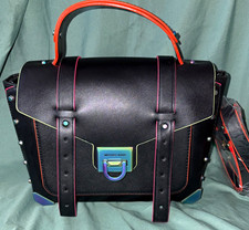 Michael Kors Manhattan Medium Black Leather Neon Satchel Iridescent Hardware picture