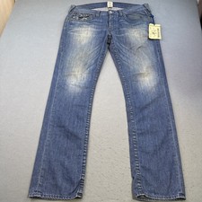 True Religion JEANS 36 Slim Fit Straight Blue Denim Flap Pockets Logo Button NWT picture
