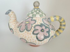 VTG 2001 Mackenzie Childs Taylor Myrtle Ceramic Floral Gingham Stripe Teapot picture