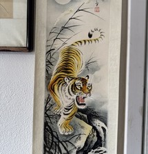 vintage Chinese Tiger & Moon Hanging Scroll Hand Painted Ink Color Signed Sealed picture