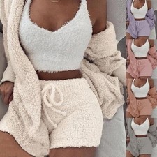 3pcs Womens Clothing Long Sleeve Crop Tank Top And Drawstring Shorts Pajama Set picture