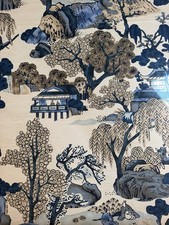 Thibaut F975461 Asian Scenic Blue and Beige Fabric 4 Yards picture