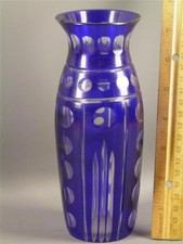 ANTIQUE BOHEMIAN CZECH BLUE CUT TO CLEAR GLASS VASE picture