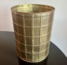 Vintage England Made Brass Tone Metal Wastebasket Grid Hammered Rivet Trash Can picture