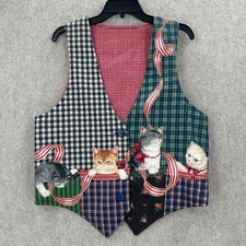 Vintage Cats Kittens Printed Graphics Plaid Check Waistcoat Vest Size SM-MED picture