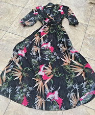KURT MULLER:FAB BLACK EXOTIC BIRD PRINT CHIFFON LIKE DRESS SUNRAY PLEATS M BNWT picture