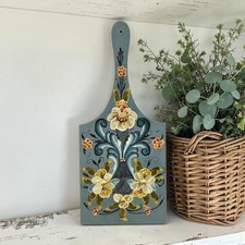 VTG Blue Hand Painted Rosemaling Wood Bread Cutting Board Farmhouse Folk Art 14