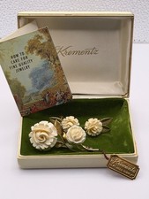 Rare Vintage Krementz Double Rose Brooch Earrings Set Carved Floral 14K Gold Ove picture
