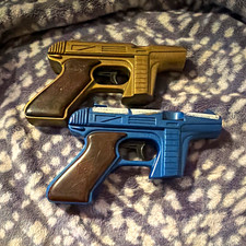 Lot of 2 Vintage Toy Ray Gun Cap Pistols, Blue & Gold Plastic picture