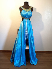 Sherri Hill Blue Satin Beaded Long Gown Slit Scoop Neck Size 4 with flaws  picture