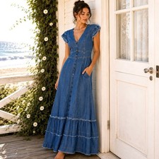Anthropologie Indigo Poppy Medium Maxi Dress Cottagecore Romantic Boho Feminine picture