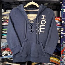 Hollister Co. Women's Navy Blue Pullover Hoodie Size S Lace Up Y2K Surf Logo picture