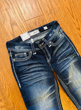 BKE Dark Indigo Bootcut Jeans with White Contrast Stitching - size 27 picture