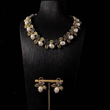 Vintage Floral Pearl Necklace Earrings Set French Estate Garden Jewelry Gold picture