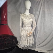 Mac Duggal High Neck Long Sleeve A Line Mini Dress 5923 Size 4 Silver Beaded picture