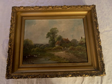 Antique  Signed  Oil Painting  Scenic House & Stream..  Ornate Frame  Small Tear picture