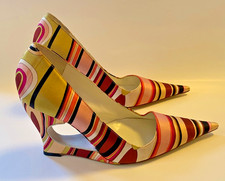 NWOB Vintage Emilio Pucci Cutout Wedge Pumps Pointed Toe Striped Silk 10/40 picture