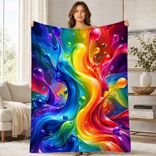 Glossy Rainbow Liquid Splash Coral Fleece Blanket Abstract Colorful Decor picture