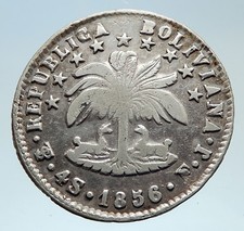 1856 PTS FJ Bolivia LARGE SIMON BOLIVAR Genuine 4 Sol Silver Coin i75328 picture