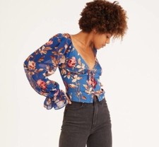 UO Urban Outfitters Topanga Blue Floral Crop Smocked Peasant Blouse L NWOT picture